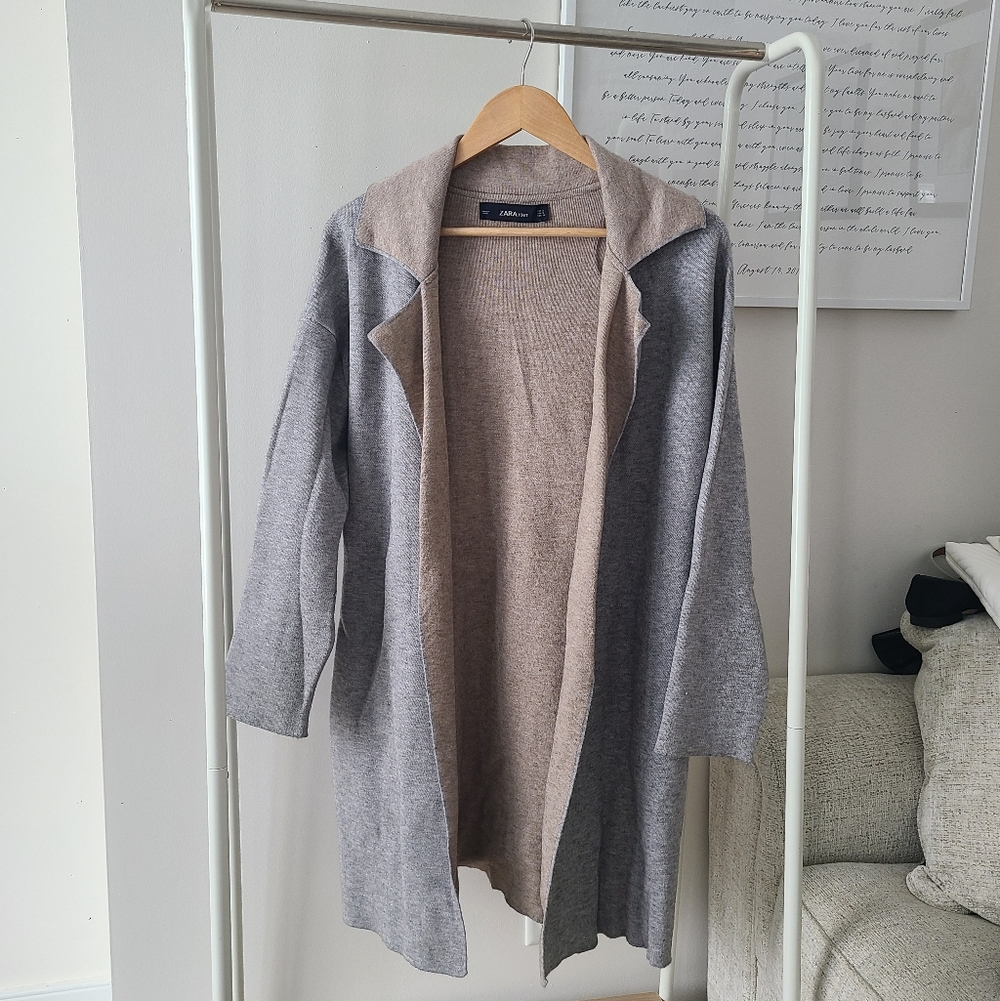 Chic Gray and Tan Open Front Sweater Jacket Zara